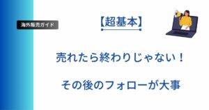 海外販売ガイドのアイキャッチ画像。左に青から水色のグラデーション帯、上部に「海外販売ガイド」と「【超基本】」、中央に大きく「売れたら終わりじゃない！その後のフォローが大事」と書かれ、右上にノートPCから拡声器を持つ人物のイラストが配置されている。