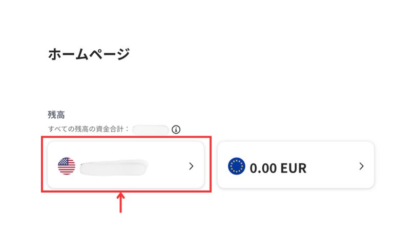 Payoneerのホーム画面で、米国旗アイコンが表示されたUSD残高を選択する画面