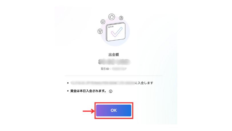 Payoneerの出金完了画面で、処理完了を確認し「OK」をクリックする画面