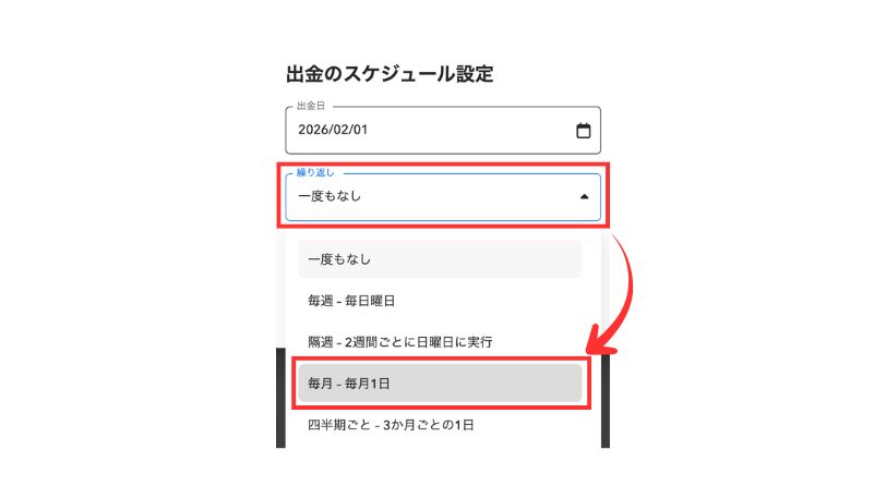 出金スケジュールの繰り返し設定で「毎月・毎月1日」を選択する画面