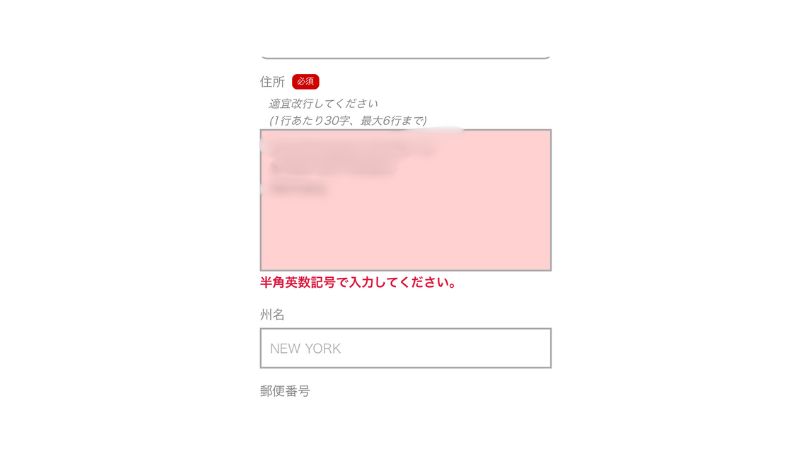 半角英数字で入力してくださいと警告が出た画面